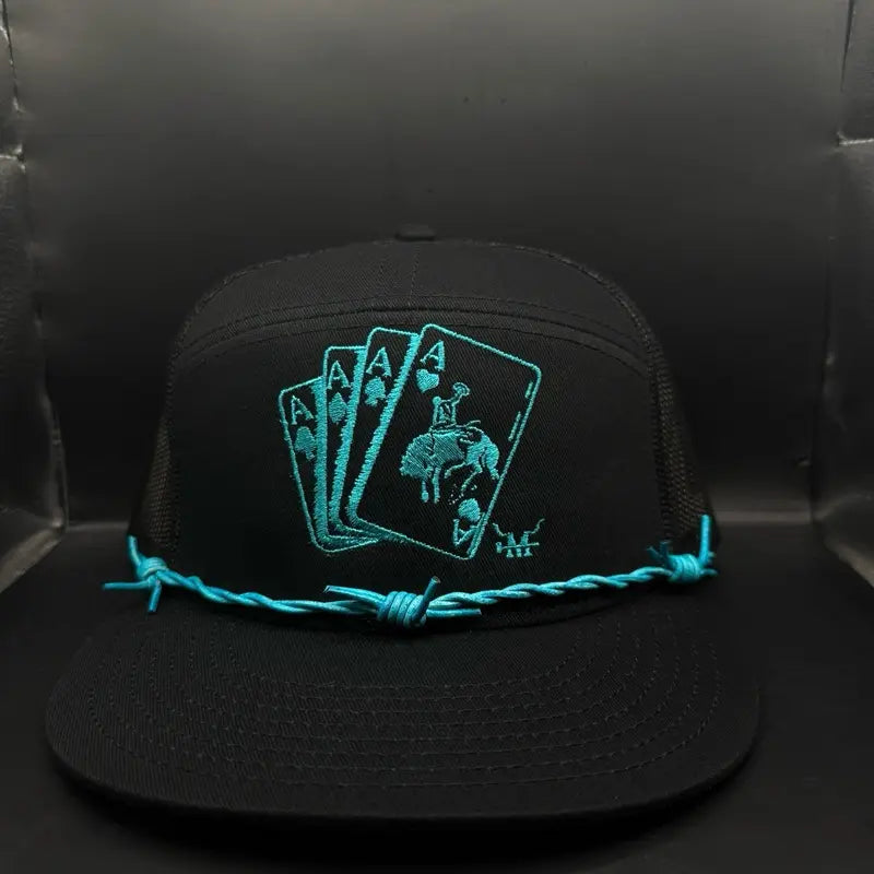 Marfa Hat Company Turquoise Gambler Snapback Hat - Bold Turquoise Color 7-Panel Leather Design with Barbed Wire Band