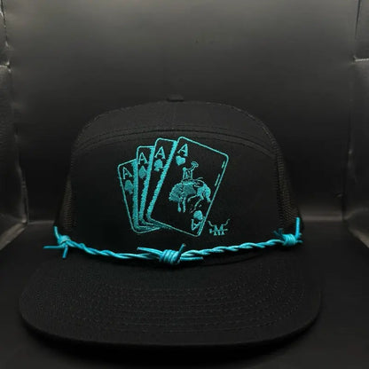 Marfa Hat Company Turquoise Gambler Snapback Hat - Bold Turquoise Color 7-Panel Leather Design with Barbed Wire Band