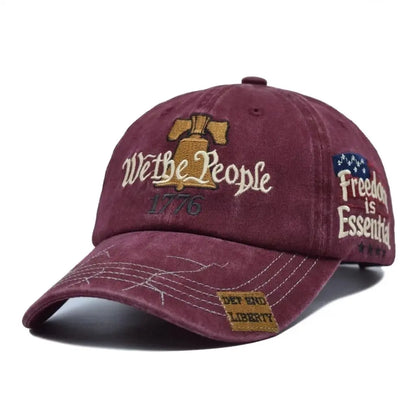 “We the People” 1776 Vintage Patriotic Baseball Cap – Embroidered Liberty Bell & American Flag Hat – Distressed Cotton “Freedom Is Essential” Dad Hat Gift for Men Veterans Adjustable Snapback Hat