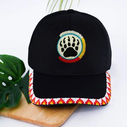 NACO Native American Inspired Bear Paw Baseball Cap with Patch Brim Unisex Design Acrylic Plastic Beads 2Mm Lightweight Comfortable Cotton Material