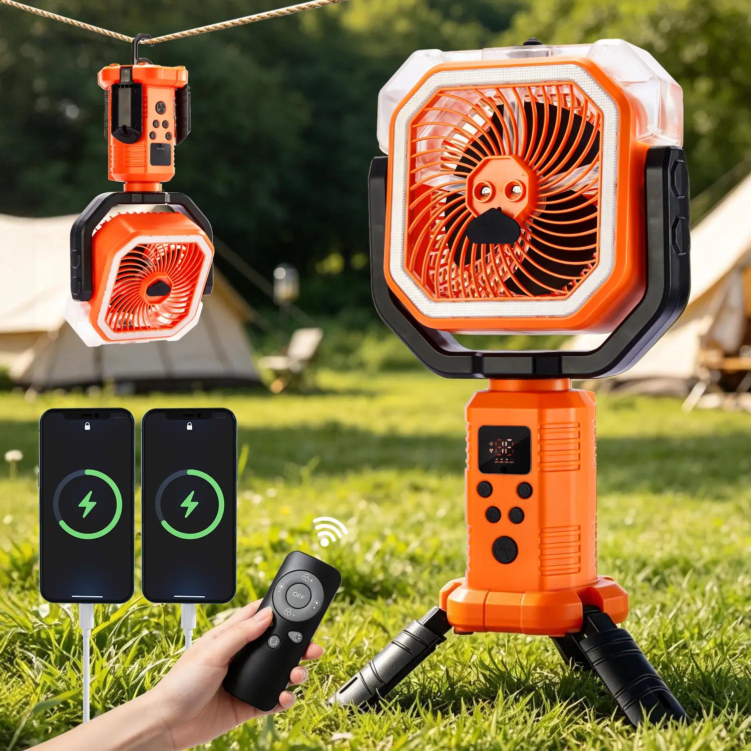 Qawtor 2026 Upgraded Version Portable Camping Fan with Mist, Rechargeable Outdoor Fan, Tripod & Hanging Hook, Telescopic Stand, Digital Display, Multi-Speed Battery Fan，Modern Style，Easy Travel Camping Fan Summerwins