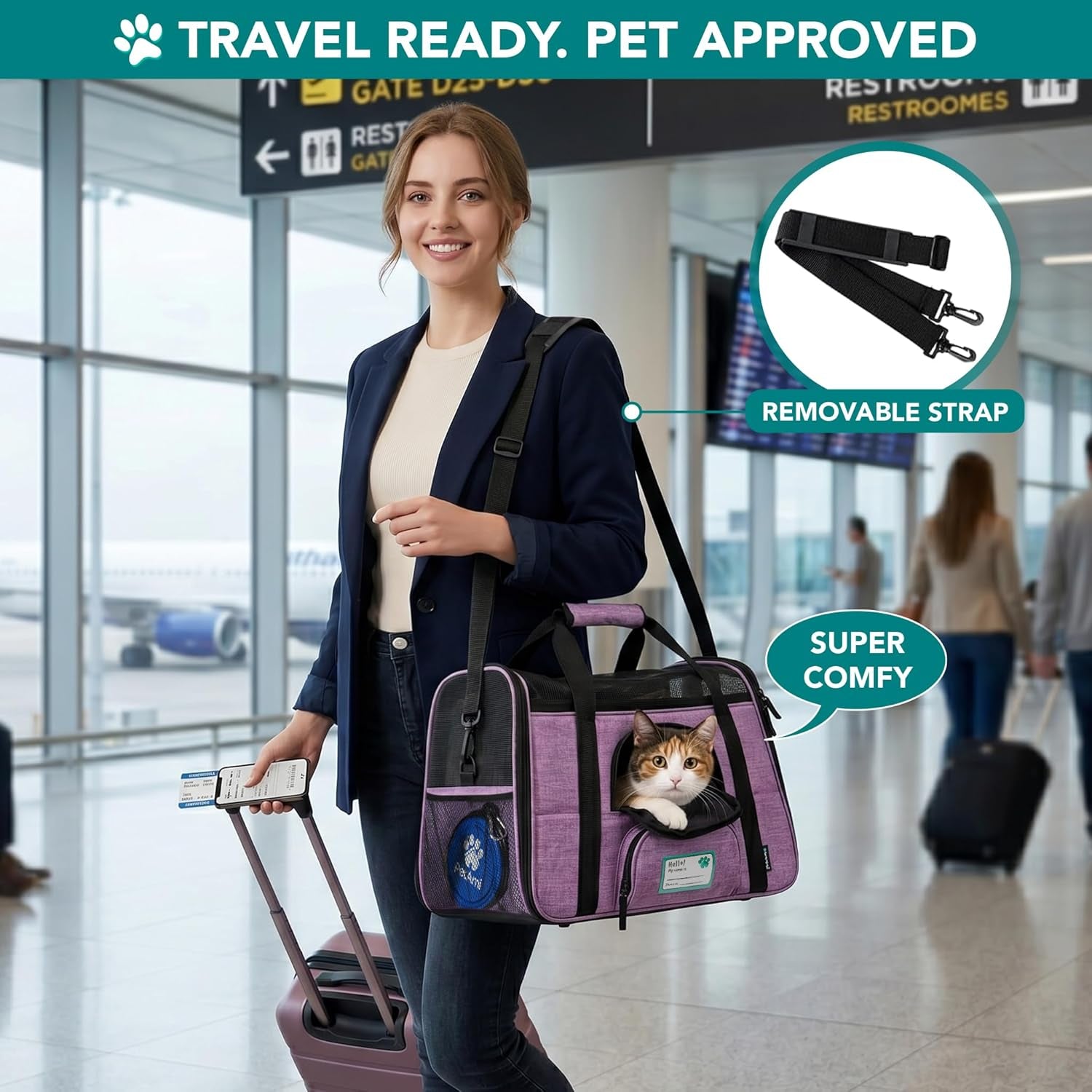 Airline Approved Pet Carrier for Cats & Small Dogs, Soft Sided TSA Travel Carrier Bag with Sherpa Bed, Breathable Mesh Ventilation, Collapsible Bowl, up to 18 Lbs, Small Heather Purple