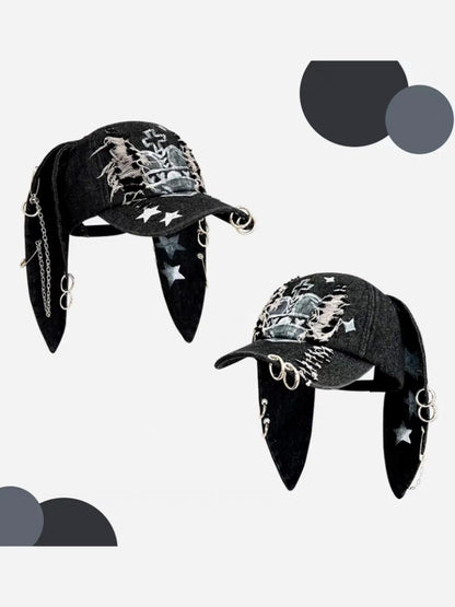 Unisex Wasteland Style Bunny Ear Baseball Cap, Adjustable Fashion Snapback Cap, Punk Denim Graphic Trucker Hat with Chain, Streetwear Hip Hop Costume for Halloween Party, Premium Streetwear Hat