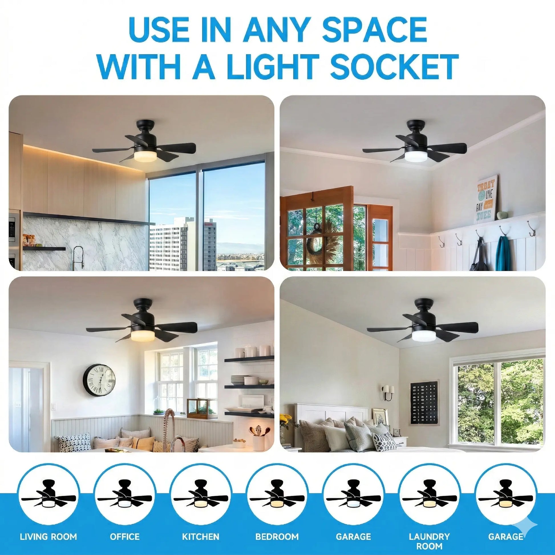 2-In-1 Screw-In Ceiling Fan Light with Adjustable Angle Pole | Dimmable 3000K-6000K LED, Quiet Remote Fan for Living Room & Garage
