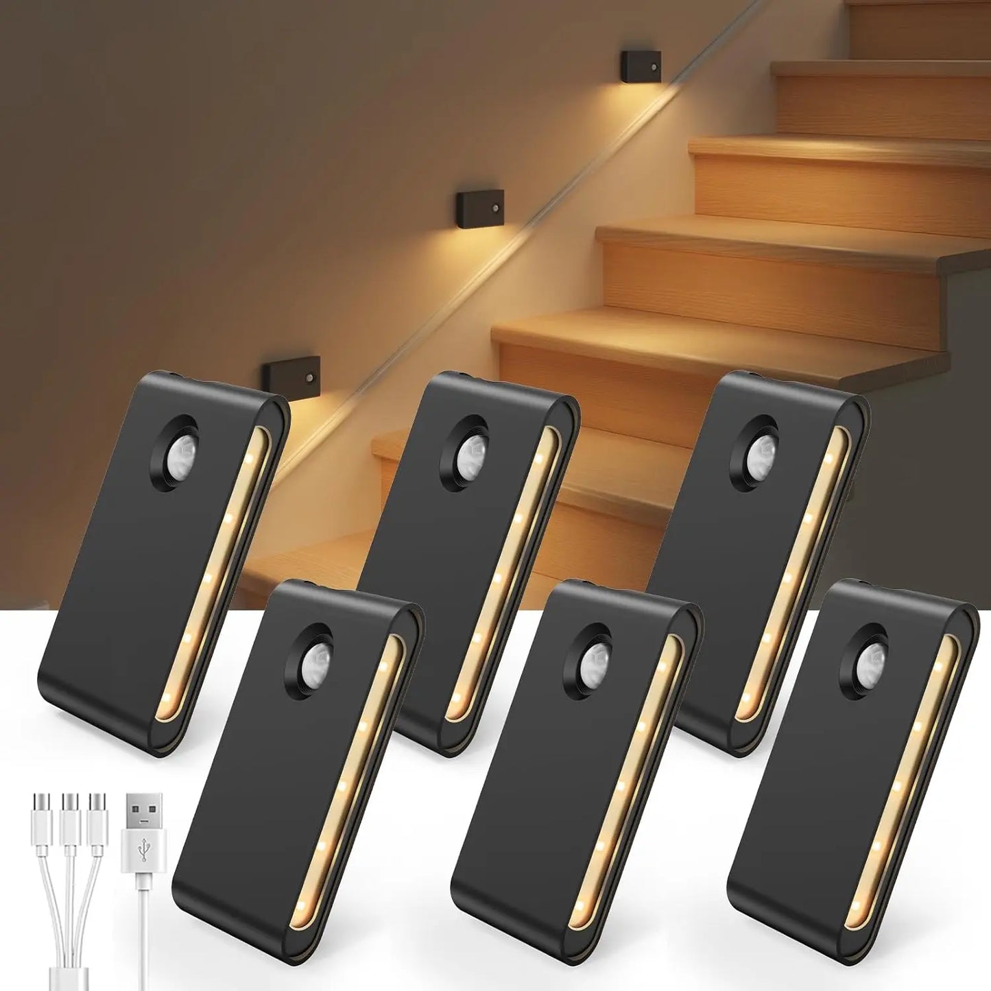 EZVALO 6 Pack Motion Sensor Night Lights, Smart Sync Stair Lights with 1500Mah Rechargeable Battery, Magnetic Dimmable Wall Lights, LED Nightlight for Hallway, Stairs, Bedroom, Barhroom, Kitchen, Family, Kids, Parents, Night Walk Safety, Rental-Friendly