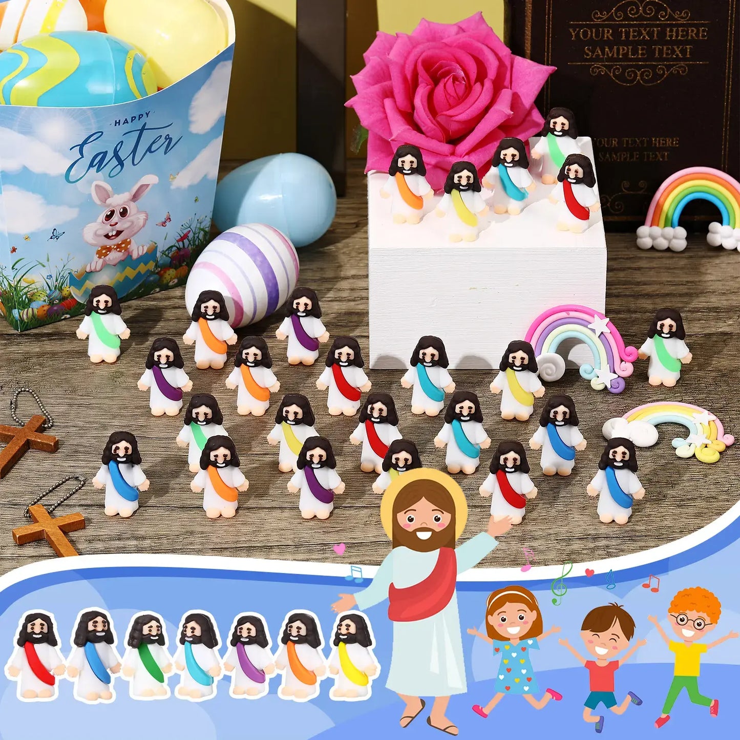 30/60 Pcs Little Jesus Figures - High-Quality Mini Jesus Figurines in Bulk, Jesus Loves You Figures, Colorful Easter Jesus Love You Mini Rubber Toys for Sunday School Baptism Gifts