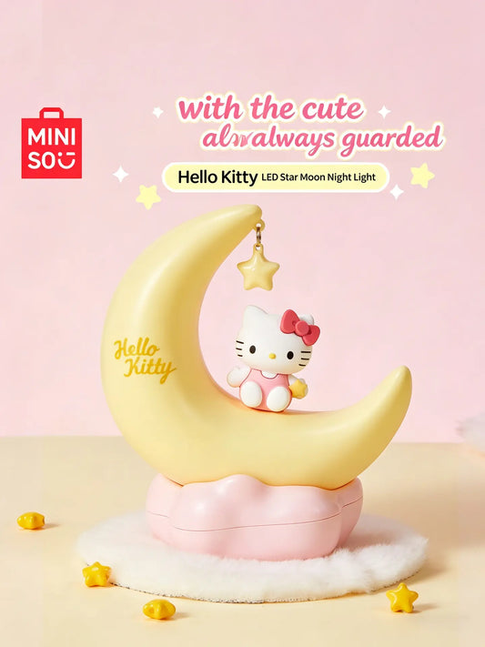 MINISO Hello Kitty Sweet Style LED Night Light, Moon Shape Cute Bedside Lamp, Soft Warm Light Decorative Ornament, Portable USB Rechargeable Night Lamp, Ideal Birthday Holiday Gift for Girls Bedroom Home Decoration#Summervibes