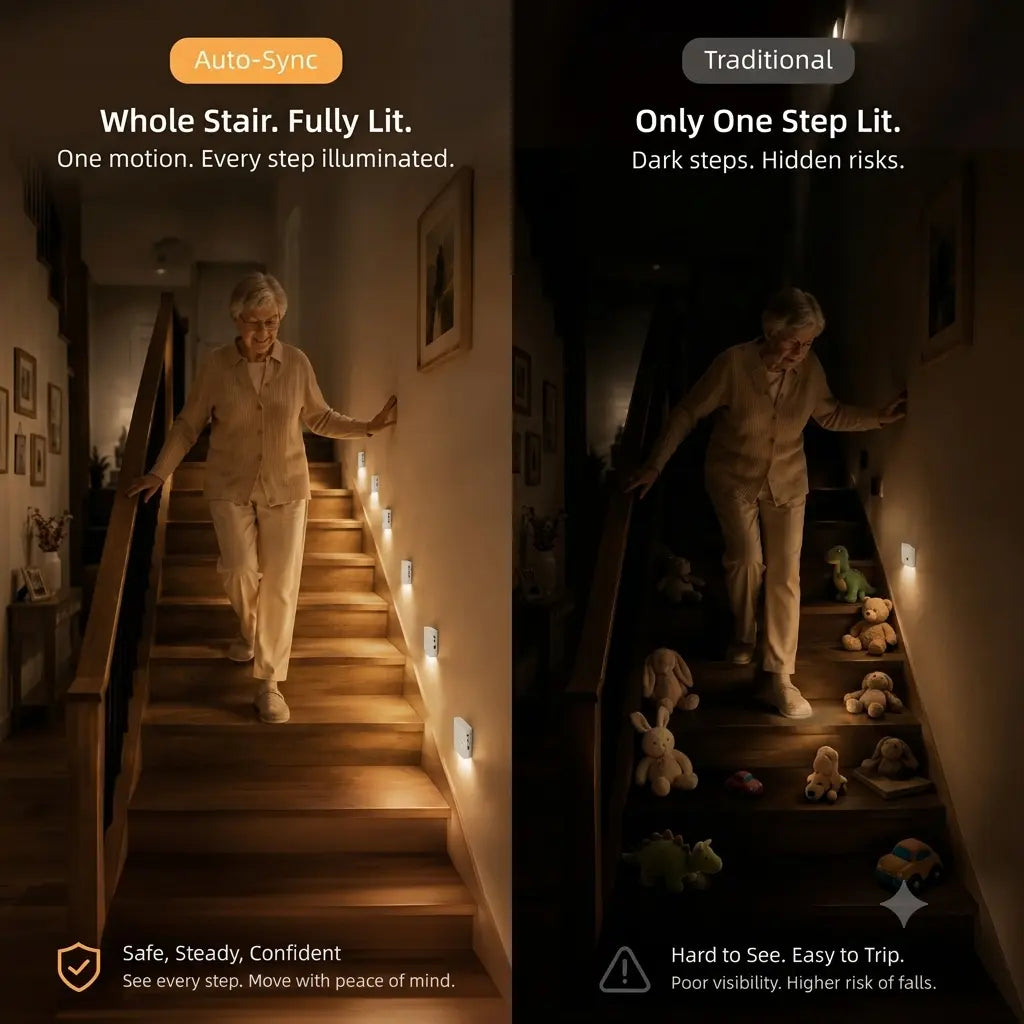 EZVALO 6 Pack Motion Sensor Night Lights, Smart Sync Stair Lights with 1500Mah Rechargeable Battery, Magnetic Dimmable Wall Lights, LED Nightlight for Hallway, Stairs, Bedroom, Barhroom, Kitchen, Family, Kids, Parents, Night Walk Safety, Rental-Friendly