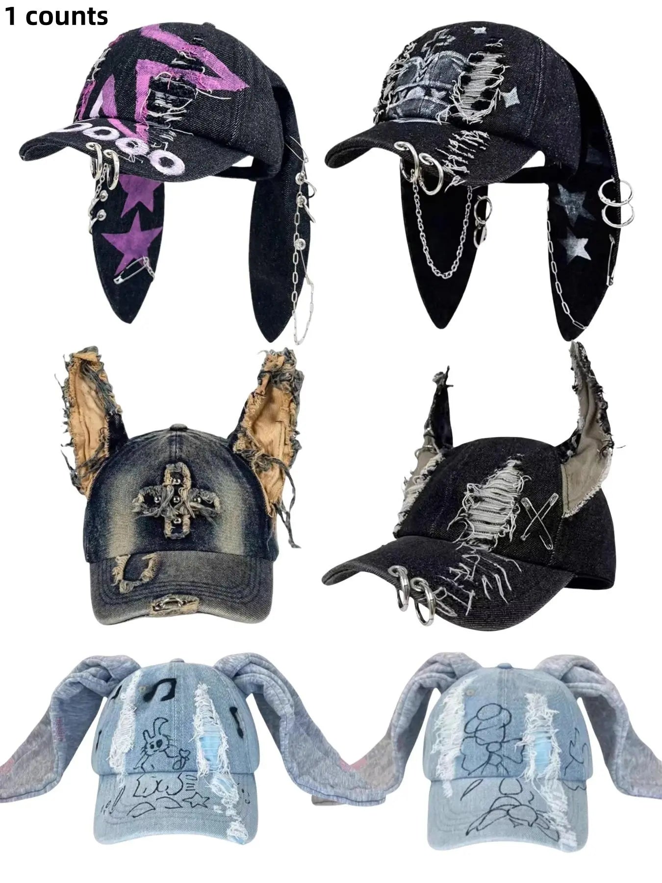 Unisex Wasteland Style Bunny Ear Baseball Cap, Adjustable Fashion Snapback Cap, Punk Denim Graphic Trucker Hat with Chain, Streetwear Hip Hop Costume for Halloween Party, Premium Streetwear Hat