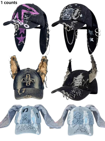 Unisex Wasteland Style Bunny Ear Baseball Cap, Adjustable Fashion Snapback Cap, Punk Denim Graphic Trucker Hat with Chain, Streetwear Hip Hop Costume for Halloween Party, Premium Streetwear Hat