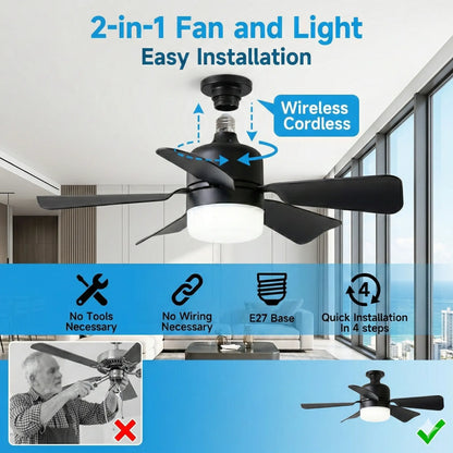 2-In-1 Screw-In Ceiling Fan Light with Adjustable Angle Pole | Dimmable 3000K-6000K LED, Quiet Remote Fan for Living Room & Garage