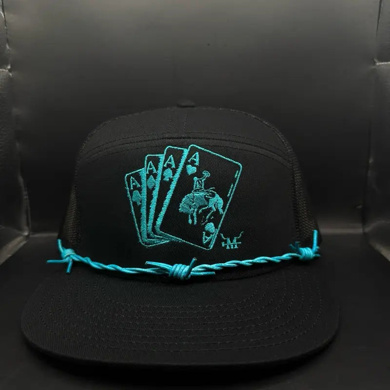 Marfa Hat Company Turquoise Gambler Snapback Hat - Bold Turquoise Color 7-Panel Leather Design with Barbed Wire Band
