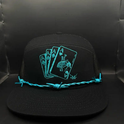 Marfa Hat Company Turquoise Gambler Snapback Hat - Bold Turquoise Color 7-Panel Leather Design with Barbed Wire Band