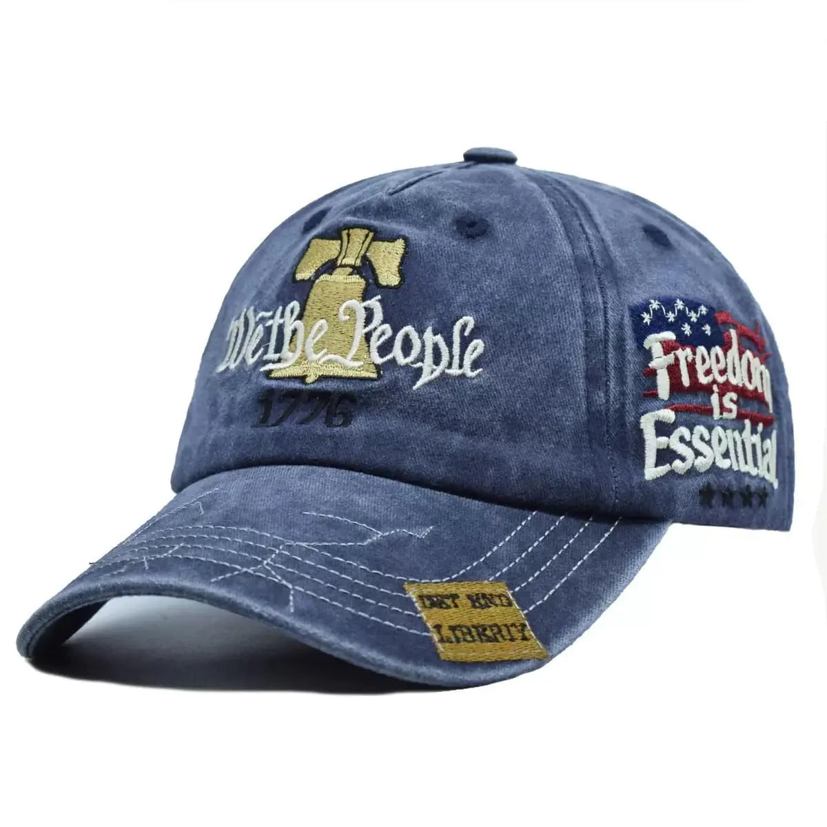 “We the People” 1776 Vintage Patriotic Baseball Cap – Embroidered Liberty Bell & American Flag Hat – Distressed Cotton “Freedom Is Essential” Dad Hat Gift for Men Veterans Adjustable Snapback Hat