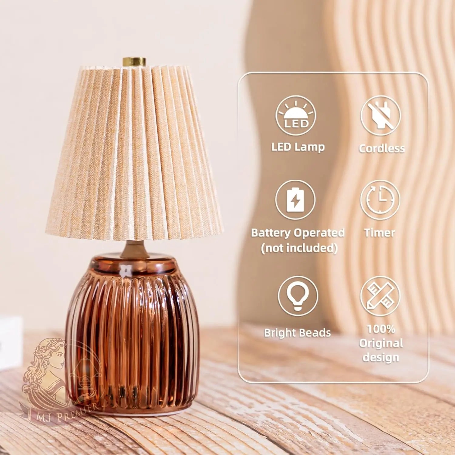 MJ Cordless Lamps with Timer Battery Operated Pleated Lamp Shade for Home Decor Emergency Battery Powered Bedside Lamps for Livingroom Bedroom Home Decor Beige