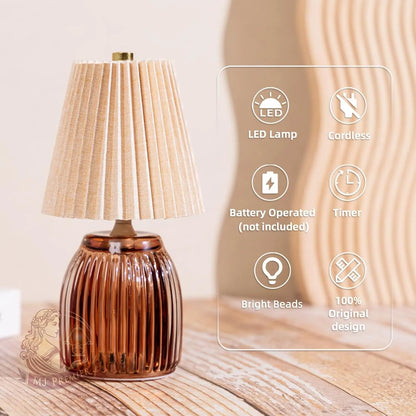 MJ Cordless Lamps with Timer Battery Operated Pleated Lamp Shade for Home Decor Emergency Battery Powered Bedside Lamps for Livingroom Bedroom Home Decor Beige