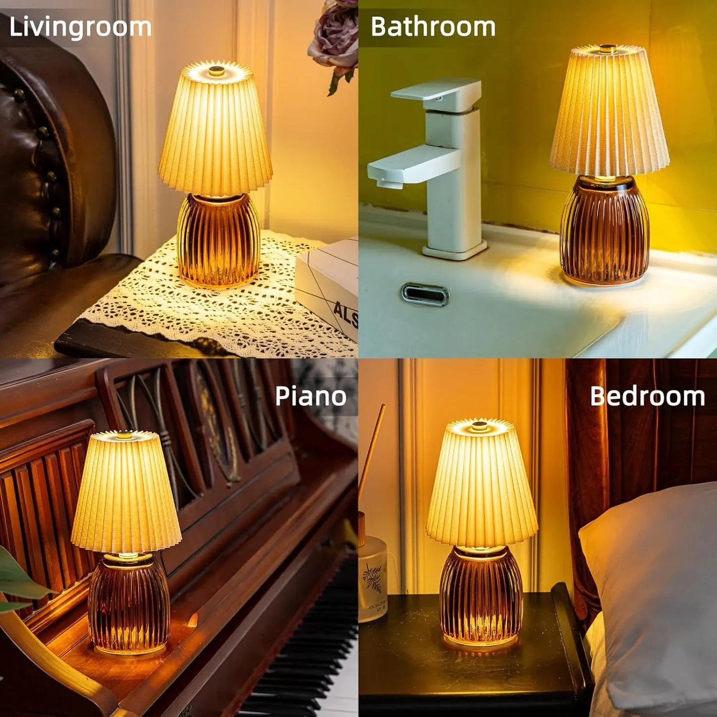 MJ Cordless Lamps with Timer Battery Operated Pleated Lamp Shade for Home Decor Emergency Battery Powered Bedside Lamps for Livingroom Bedroom Home Decor Beige