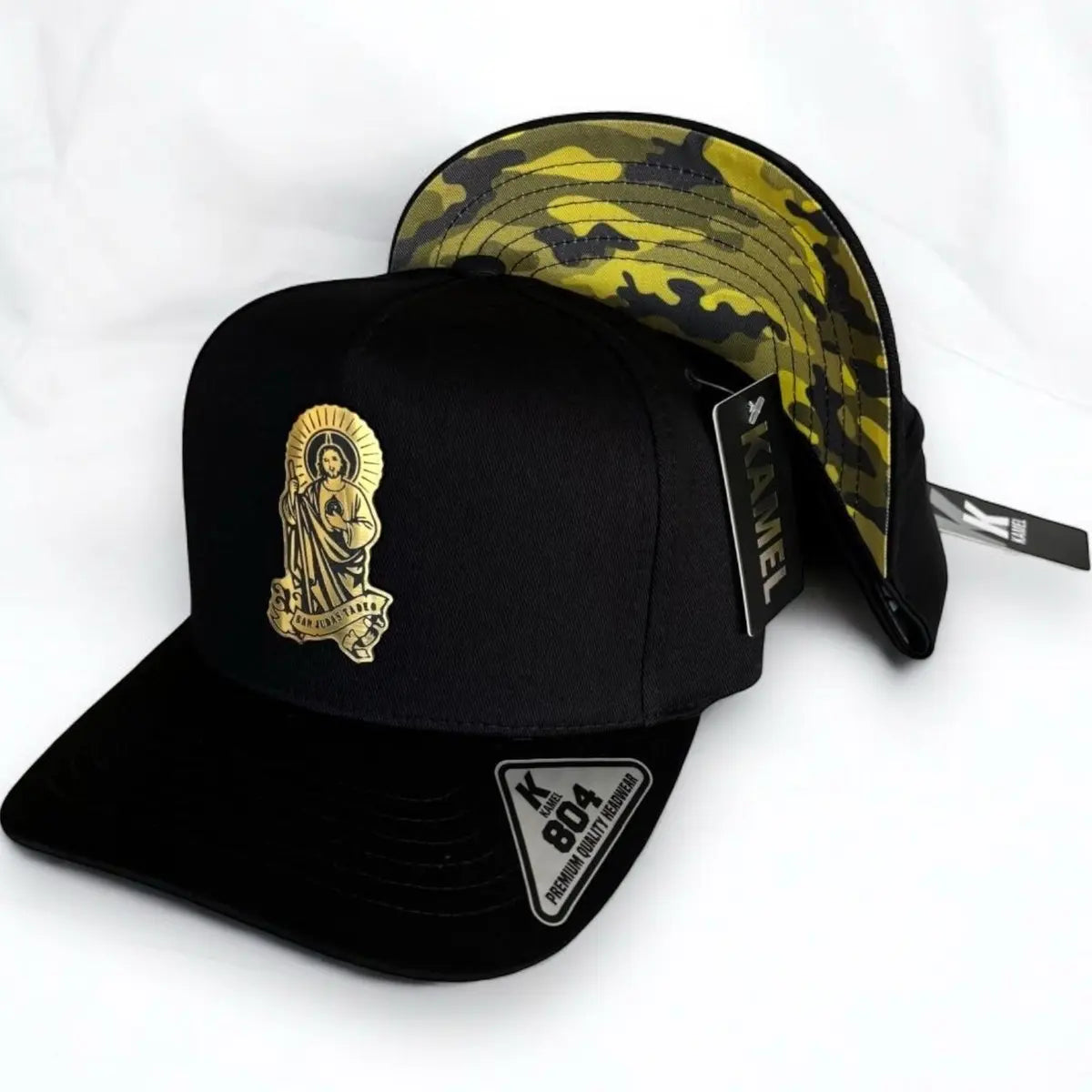 San Judas Tadeo Hats Snapback Black Yellow Camo Cotton