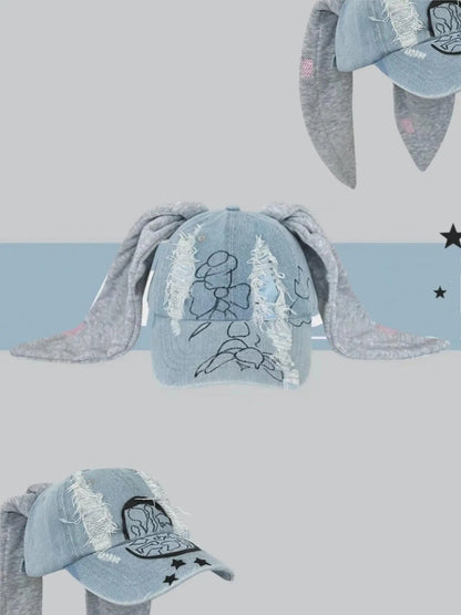 Unisex Wasteland Style Bunny Ear Baseball Cap, Adjustable Fashion Snapback Cap, Punk Denim Graphic Trucker Hat with Chain, Streetwear Hip Hop Costume for Halloween Party, Premium Streetwear Hat